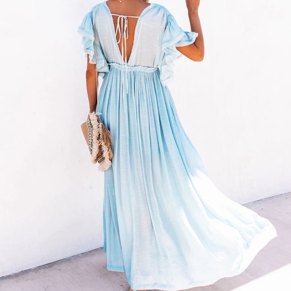 Seafoam Boho Gauze Button Front Flutter Sheer Maxi Dress W/Adjustable Waist - Picture 3 of 7